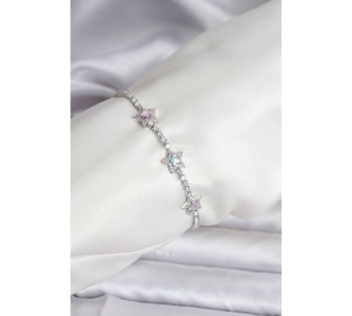Renkli Yıldız Model Zirkon Taşlı Gümüş Renk Pirinç Su Yolu Kadın Bileklik