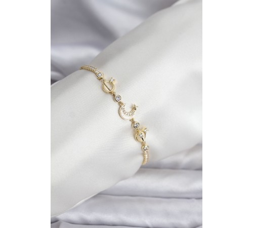 Charmlı Model Zirkon Taşlı Gold Renk Su Yolu Kadın Bileklik