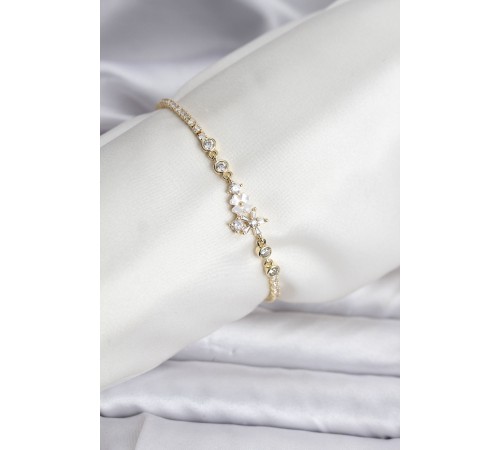 Çiçekli Model Zirkon Taşlı Gold Renk Su Yolu Kadın Bileklik