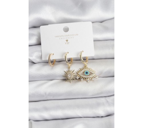 Göz Model Gold Renk Pirinç 3'lü Kadın Küpe Seti