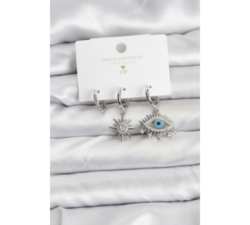 Göz Model Gümüş Renk Pirinç 3'lü Kadın Küpe Seti