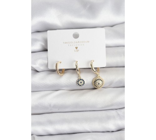 Nazar Model Gold Renk Pirinç 3'lü Kadın Küpe Seti