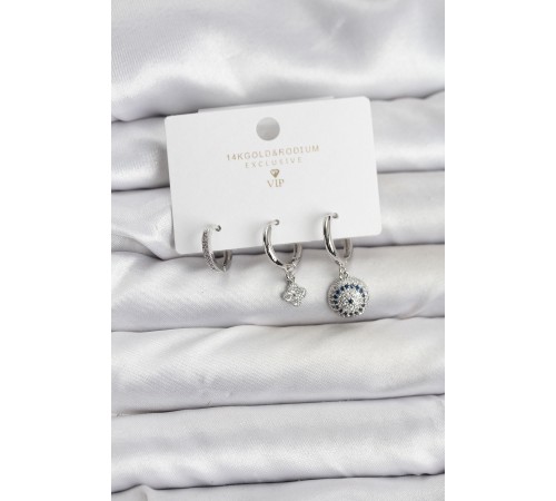 Nazar Model Gümüş Renk Pirinç 3'lü Kadın Küpe Seti