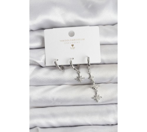 Kutup Yıldızı Model Gümüş Renk Pirinç 3'lü Kadın Küpe Seti