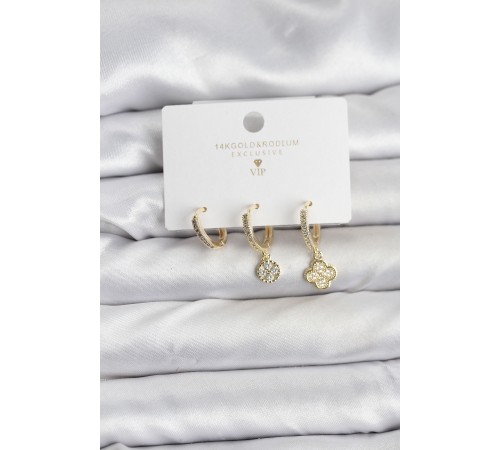 Pirinç Gold Renk Yonca Model 3'lü Kadın Küpe Seti