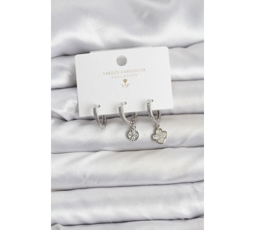 Pirinç Gümüş Renk Yonca Model 3'lü Kadın Küpe Seti