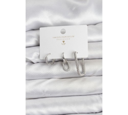 Gümüş Renk Zirkon Taşlı 3'lü Kadın Küpe Seti