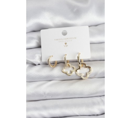 Yonca Model Gold Renk Pirinç 3'lü Kadın Küpe Seti