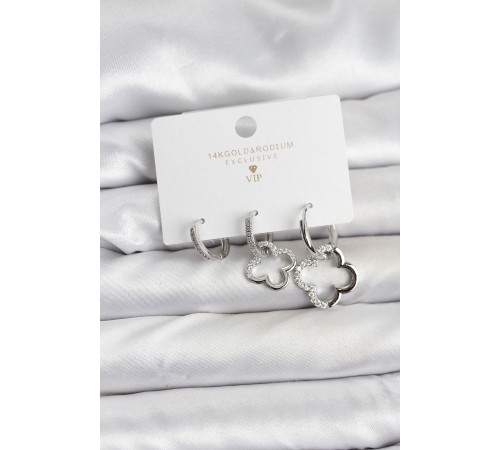 Yonca Model Gümüş Renk Pirinç 3'lü Kadın Küpe Seti