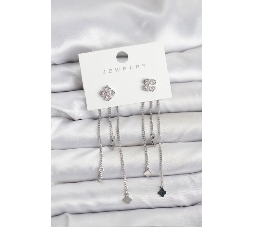 Pirinç Gümüş Renk Yonca Model Sallantılı Kadın Küpe