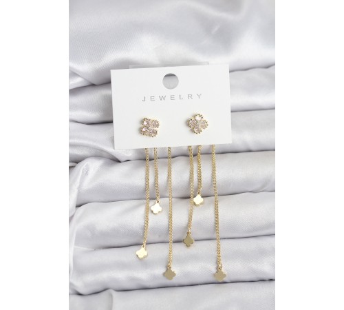 Pirinç Gold Renk Yonca Model Sallantılı Kadın Küpe