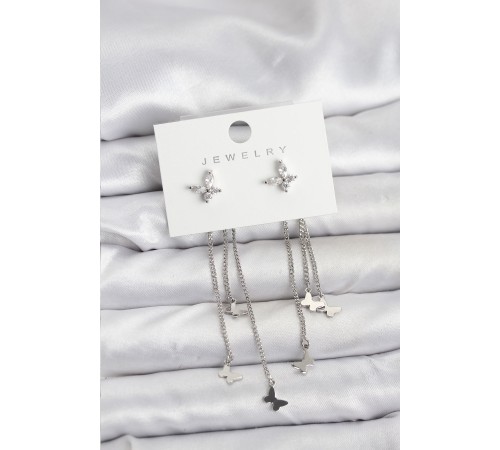 Kelebek Model Gümüş Renk Pirinç Sallantılı Kadın Küpe