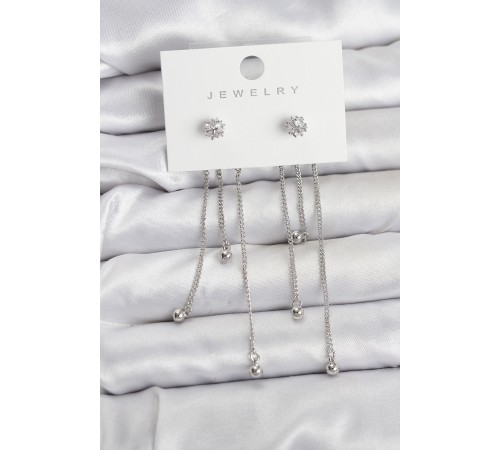 Topçuk Model Gümüş Renk Pirinç Sallantılı Kadın Küpe Seti