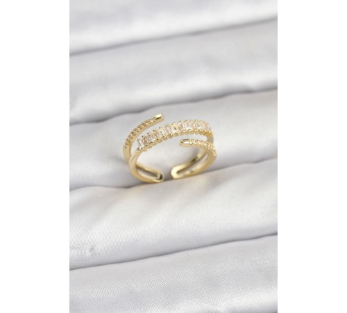 Pirinç Gold Renk Sıralı Baget Zirkon Taşlı Kadın Yüzük