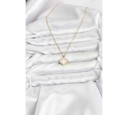 316L Çelik Zincir Gold Renk Sedefli Yonca Kadın Kolye