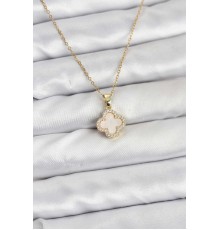 316L Çelik Zincir Gold Renk Sedefli Yonca Kadın Kolye