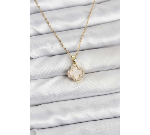 316L Çelik Zincir Gold Renk Sedefli Yonca Kadın Kolye