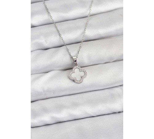 316L Çelik Zincir Gümüş Renk Sedefli Yonca Kadın Kolye