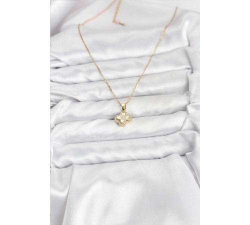 316L Çelik Zincir Gold Renk Zirkon Taşlı Yonca Model Kadın Kolye