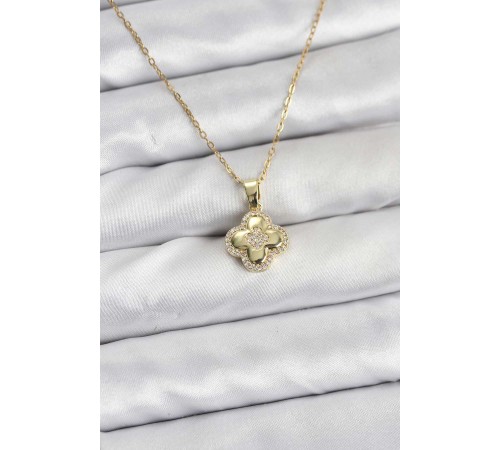 316L Çelik Zincir Gold Renk Zirkon Taşlı Yonca Model Kadın Kolye