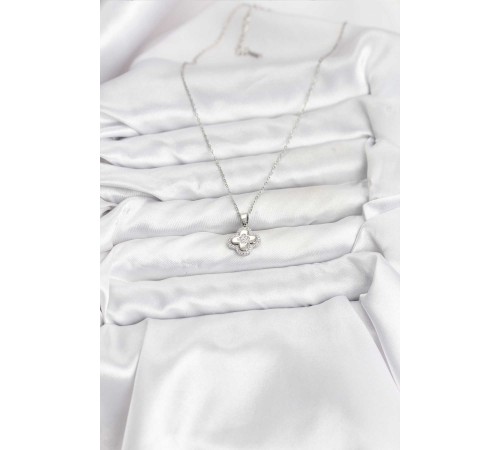 316L Çelik Zincir Gümüş Renk Zirkon Taşlı Yonca Model Kadın Kolye