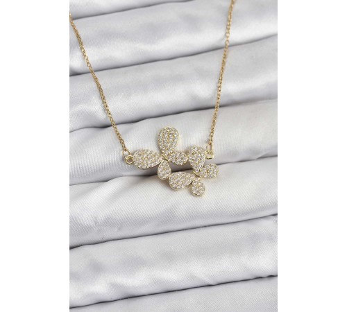 316L Çelik Zincir Gold Renk Zirkon Taşlı Kelebek Model Kadın Kolye