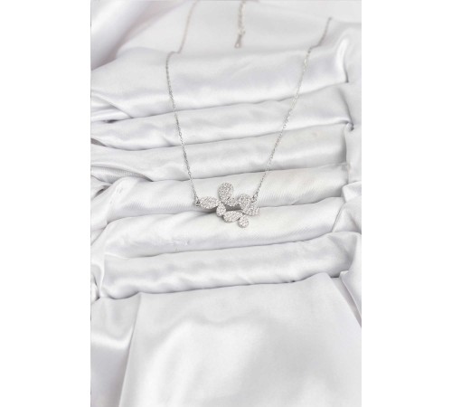 316L Çelik Zincir Gümüş Renk Zirkon Taşlı Kelebek Model Kadın Kolye