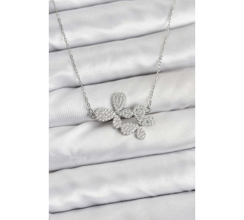 316L Çelik Zincir Gümüş Renk Zirkon Taşlı Kelebek Model Kadın Kolye