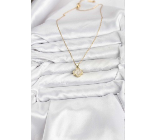 316L Çelik Zincir Gold Renk Zirkon Taşlı Yonca Model Kadın Kolye