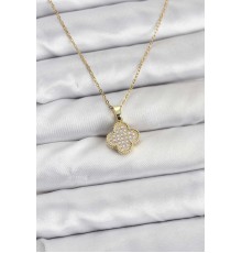 316L Çelik Zincir Gold Renk Zirkon Taşlı Yonca Model Kadın Kolye