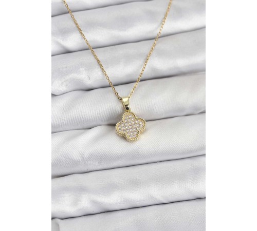 316L Çelik Zincir Gold Renk Zirkon Taşlı Yonca Model Kadın Kolye