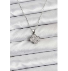 316L Çelik Zincir Gümüş Renk Zirkon Taşlı Yonca Model Kadın Kolye