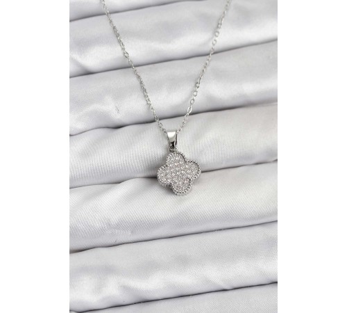 316L Çelik Zincir Gümüş Renk Zirkon Taşlı Yonca Model Kadın Kolye