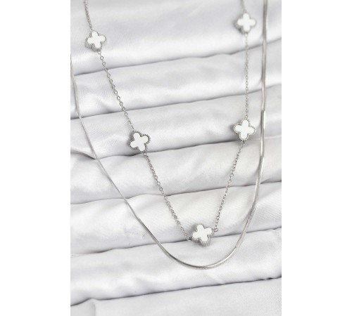 316L Çelik Zincir Gümüş Renk İtalyan Zincirli Yonca Model Kadın Kolye