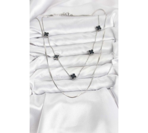316L Çelik Zincir Gümüş Renk İtalyan Zincirli Siyah Yonca Model Kadın Kolye