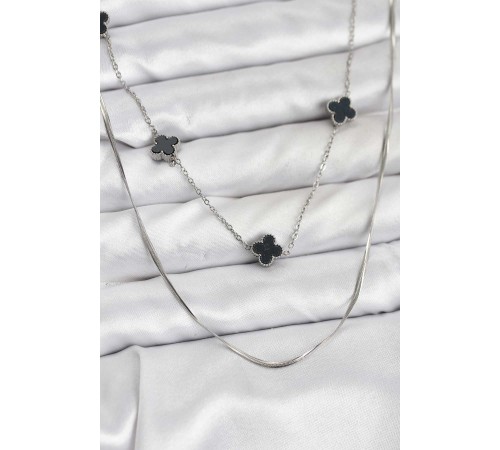 316L Çelik Zincir Gümüş Renk İtalyan Zincirli Siyah Yonca Model Kadın Kolye