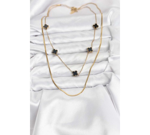 316L Çelik Zincir Gold Renk İtalyan Zincirli Siyah Yonca Model Kadın Kolye