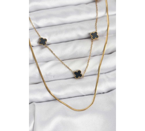 316L Çelik Zincir Gold Renk İtalyan Zincirli Siyah Yonca Model Kadın Kolye
