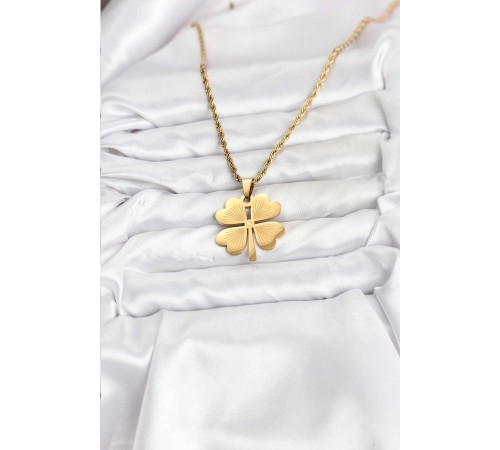 316L Çelik Zincir Gold Renk Yonca Model 60 cm Kadın Kolye