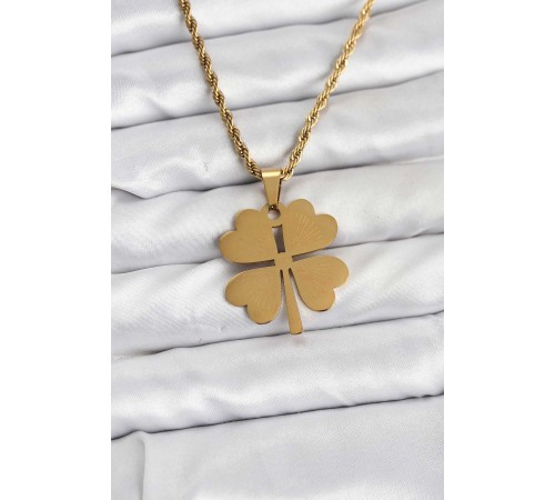 316L Çelik Zincir Gold Renk Yonca Model 60 cm Kadın Kolye