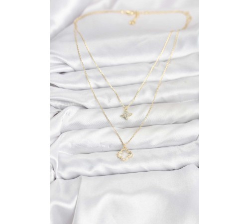 Pirinç Gold Renk Yonca Model 2'li Kadın Kolye