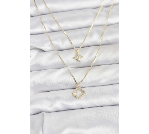 Pirinç Gold Renk Yonca Model 2'li Kadın Kolye