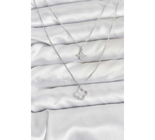 Pirinç Gümüş Renk Yonca Model 2'li Kadın Kolye