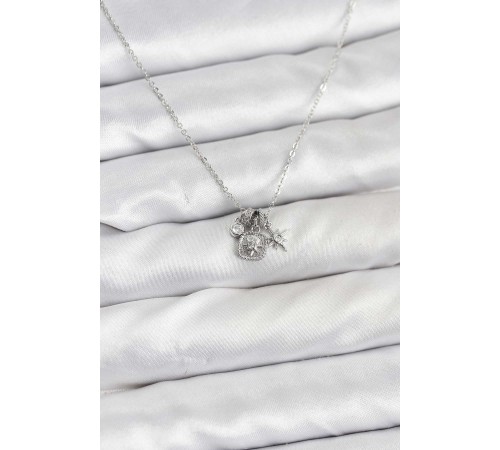 Pirinç Gümüş Renk Minimal Charmlı Kadın Kolye