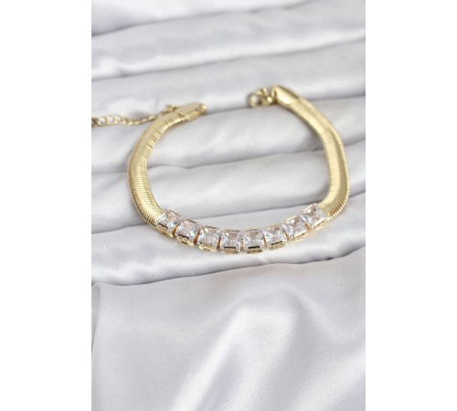 316L Çelik Gold Renk Kare Zirkon Taşlı Yılan Zincirli Kadın Bileklik