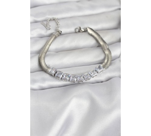 316L Çelik Gümüş Renk Kare Zirkon Taşlı Yılan Zincirli Kadın Bileklik