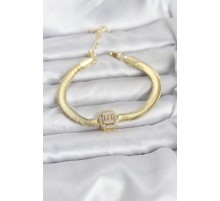 316L Çelik Gold Renk Baget Zirkon Taşlı Yılan Zincirli Kadın Bileklik