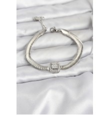 316L Çelik Gümüş Renk Baget Zirkon Taşlı Yılan Zincirli Kadın Bileklik