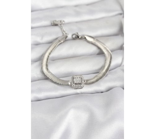 316L Çelik Gümüş Renk Baget Zirkon Taşlı Yılan Zincirli Kadın Bileklik