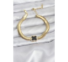 316L Çelik Gold Renk Siyah Yonca Model Zirkon Taşlı Yılan Zincirli Kadın Bileklik